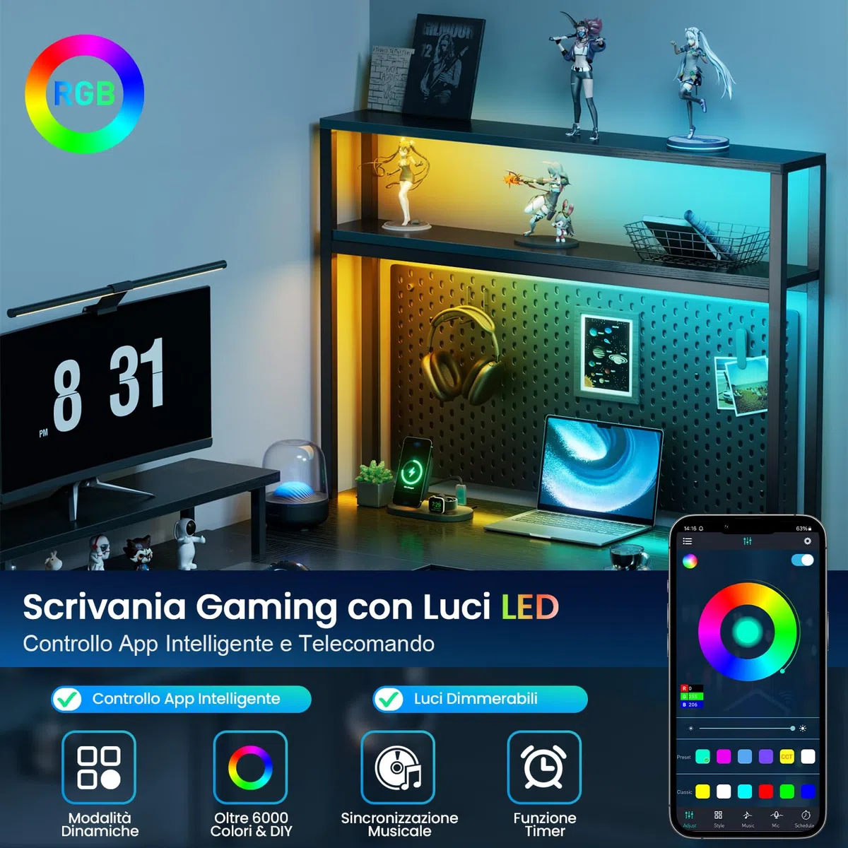 HLFURNIEU Scrivania Angolare con LED, 150 x 100 cm Scrivania Gaming a L con 3 Prese & 2 Porta USB, Tavolo Angolo Salvaspazio, con Libreria, Cassetti & Borsa Portaoggetti, Supporto per Monitor, Nero
