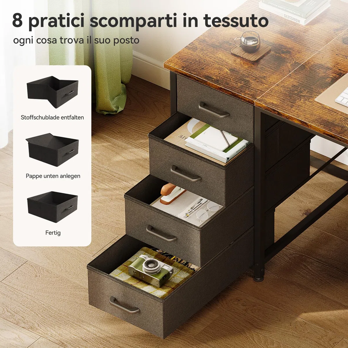 Coleshome Scrivania con 8 Cassetti in Tessuto, 140x48cm Scrivania per Computer, Scrivania Salvaspazio Tavolo Ufficio per Studio, Camera da Letto, Marrone