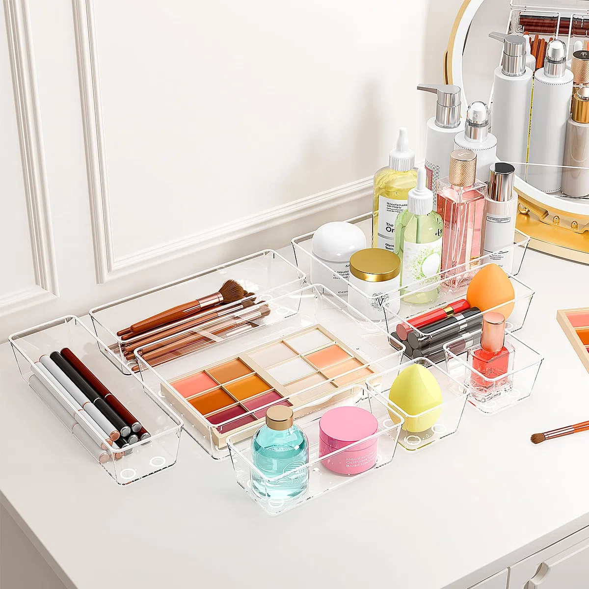 Organizer Cassetti 16 Pezzi, Contenitori per cassetti in Plastica Trasparente di 4 Dimensioni, Divisori per Cassetti Impilabili per Bagno, Cucina, Trucchi