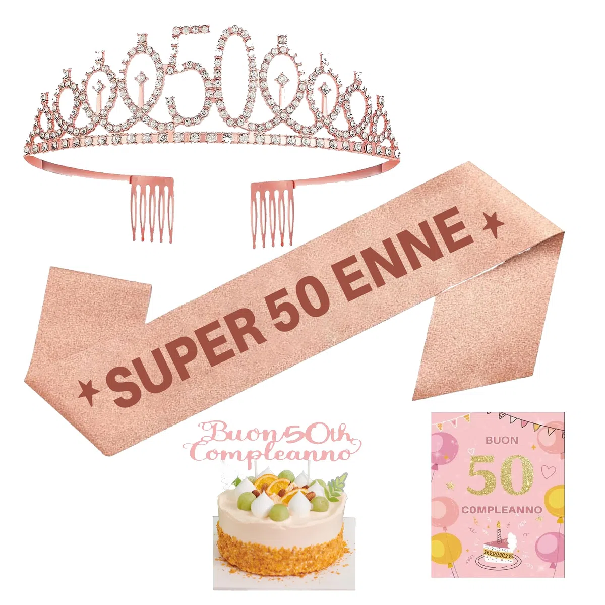 (4 PCS) Fascia Corona Compleanno 40 50 60 70 80 Anni con Biglietto Topper Torta Regalo Decorazioni Addobbi Compleanno Donna