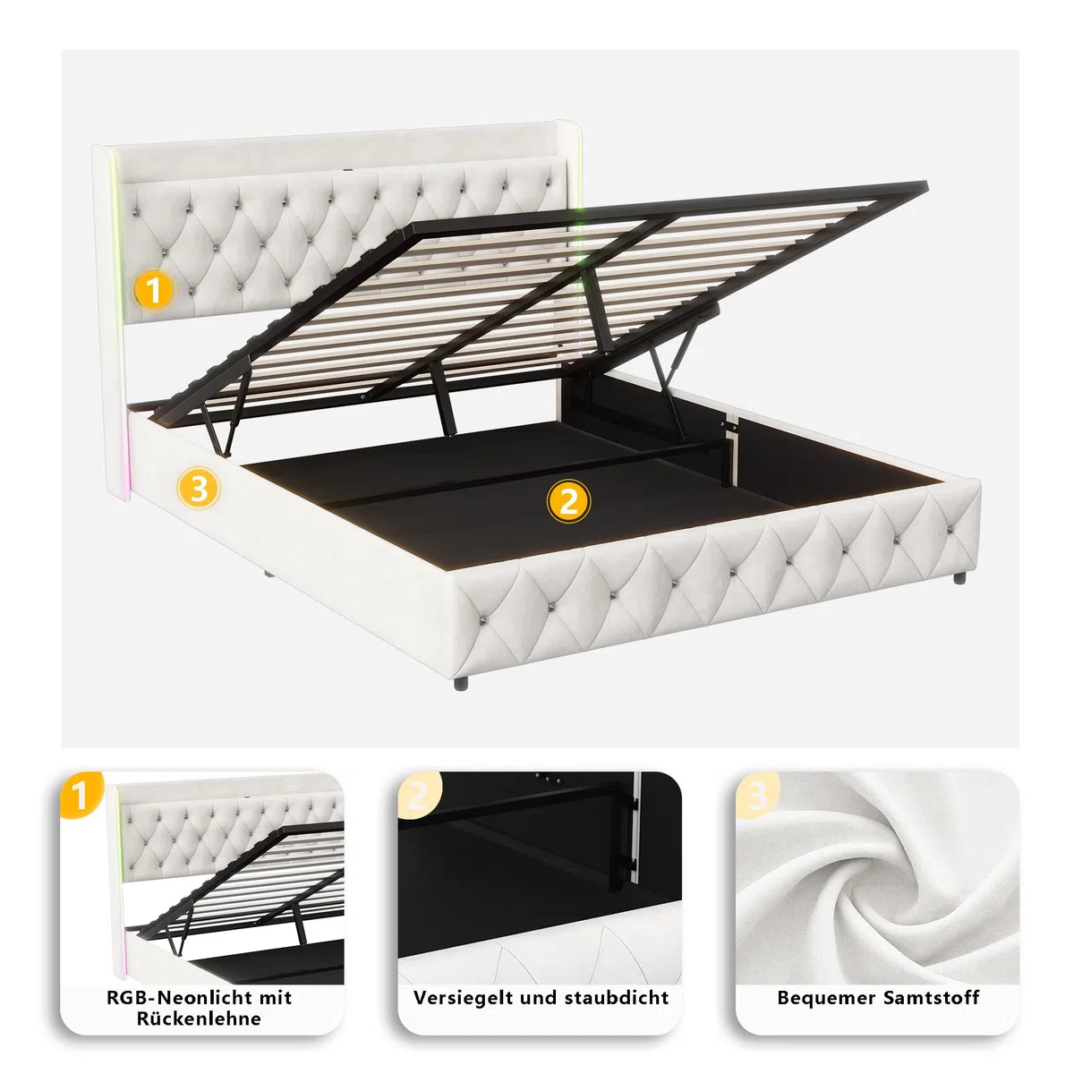 BRILVERDE Letto Imbottito 160x200 con Contenitore Idraulico, Letto Matrimoniale a LED con USB, Funzionale con testiera, Struttura Letto con Rete a doghe, in Velluto (Beige, 160 x 200 cm)