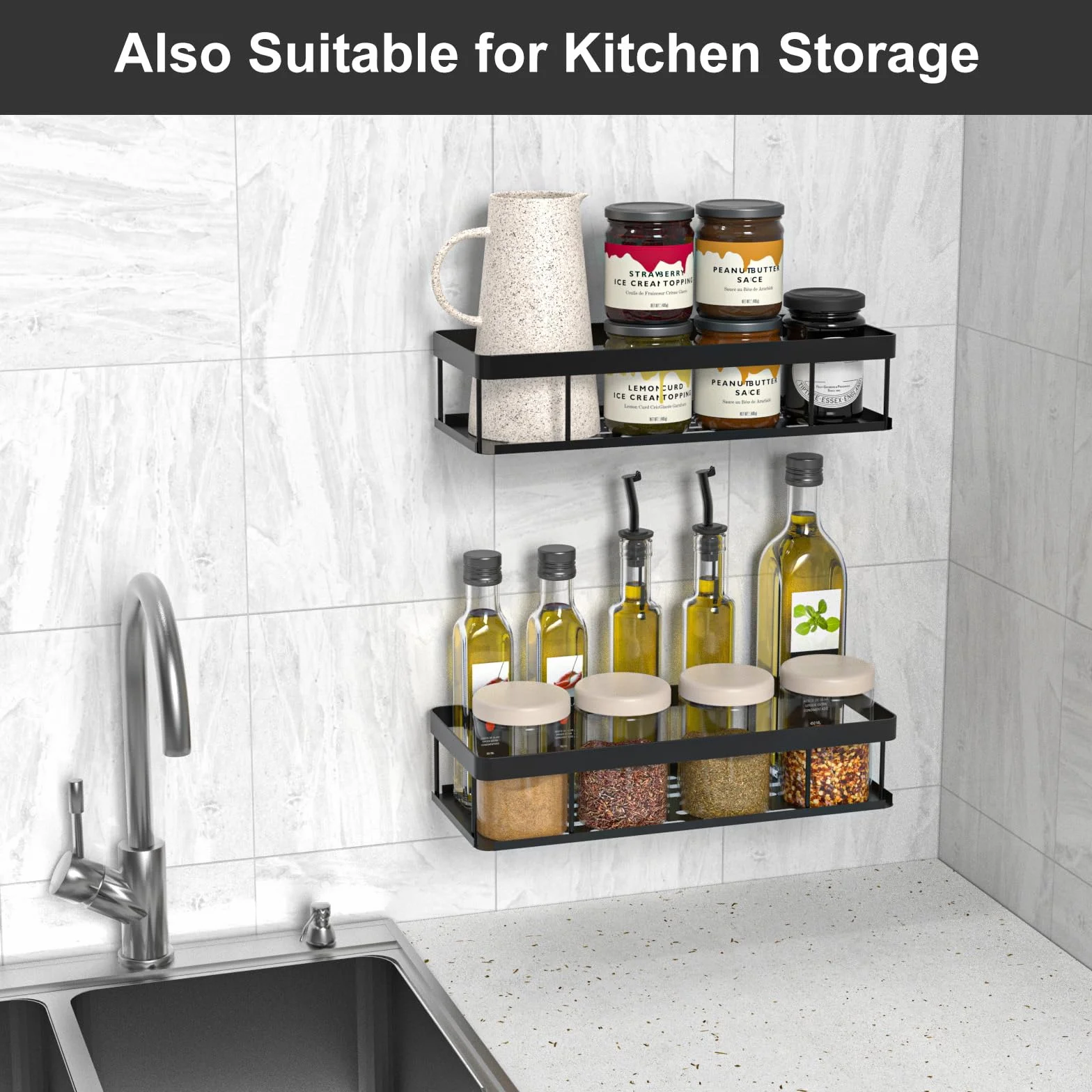 Mensola Doccia Senza Foratura, Impermeabile e Antiruggine, Porta Bagnoschiuma Shampoo da Doccia, 2 Pezzi Organizer Doccia, Nero (Stile A-2)