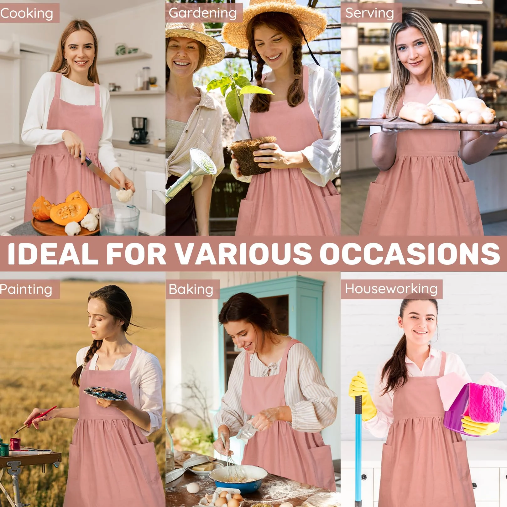 Grembiule Abito con Spalline Incrociate per Donna e Bambina, Grembiule da Chef Vintage in Cotone con Balze e Tasche, Legature Lunghe per Cucina, Giardinaggio, Pittura, Forno e Servizio