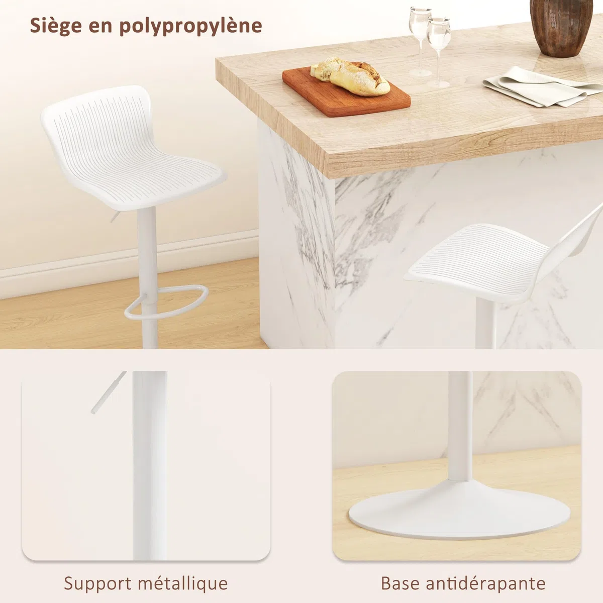 HOMCOM Set 2 Sgabelli da Bar con Schienali Ergonomici, Poggiapiedi, Sgabelli Cucina Alti Regolabili in Polipropilene con Seduta Girevole e Base Antiscivolo per Sala da Pranzo, Penisola Cucina, Bianco