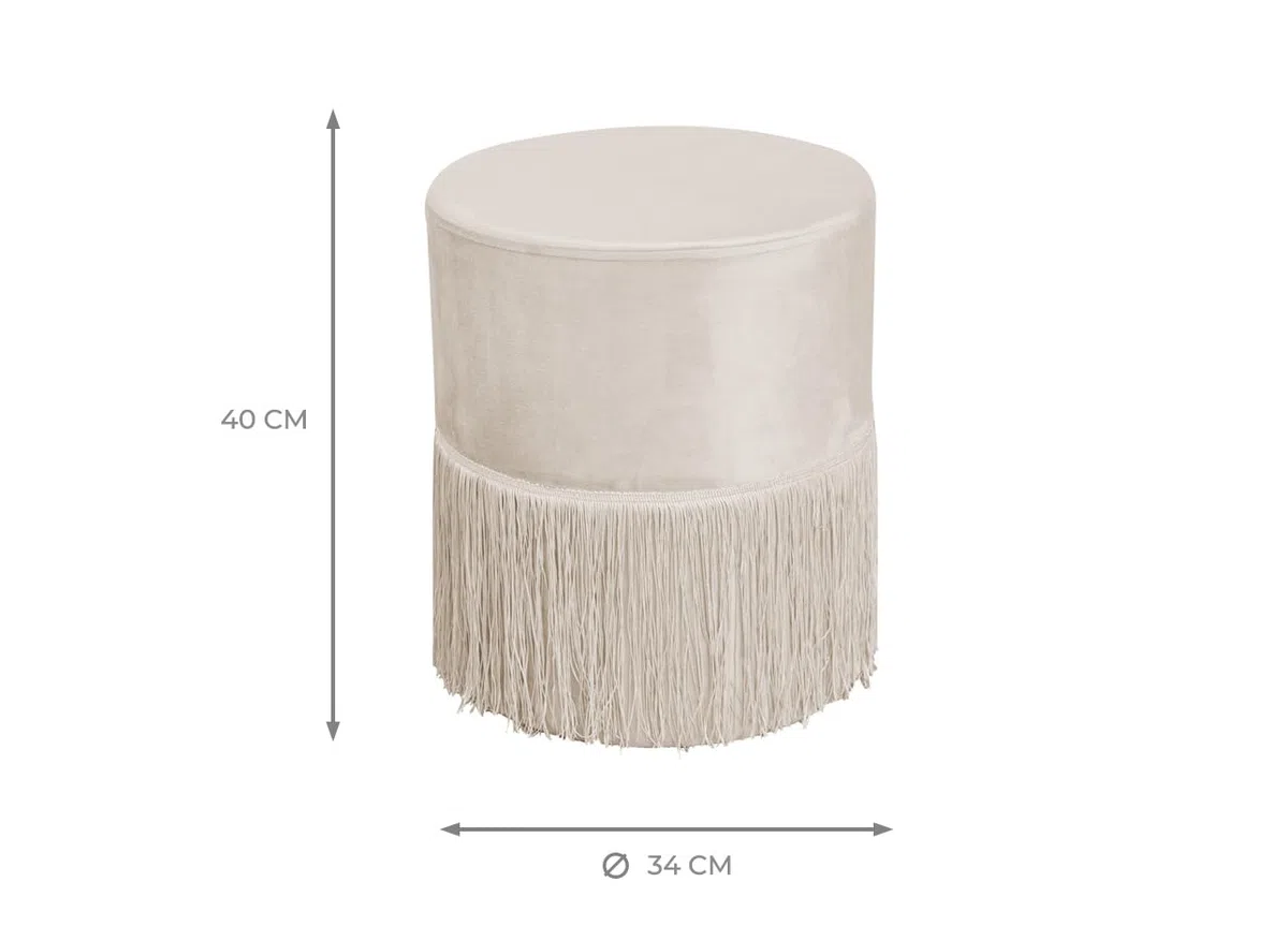 BIANCHERIAWEB Pouf Salotto/Camera con Frangette Imbottito Modello Velvet Malibù Tinta Unita Pouf Beige
