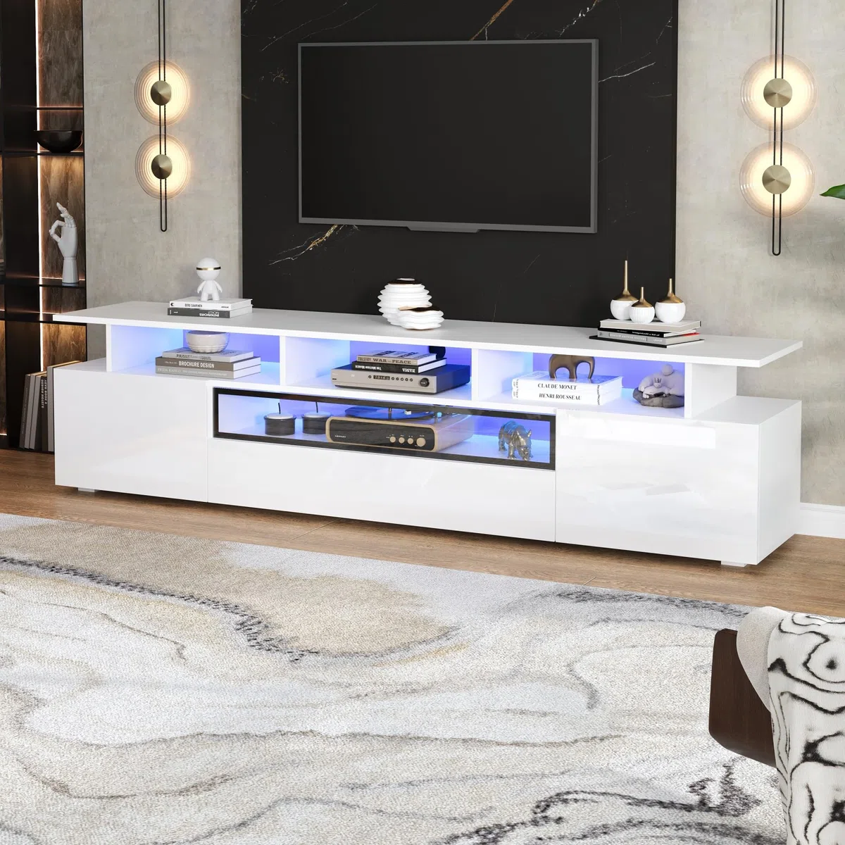 Mobile TV, 180 x 38 x 45 cm, con 2 armadi e 1 cassetto, basso con LED e 10 ripiani, adatto per TV da 75 pollici
