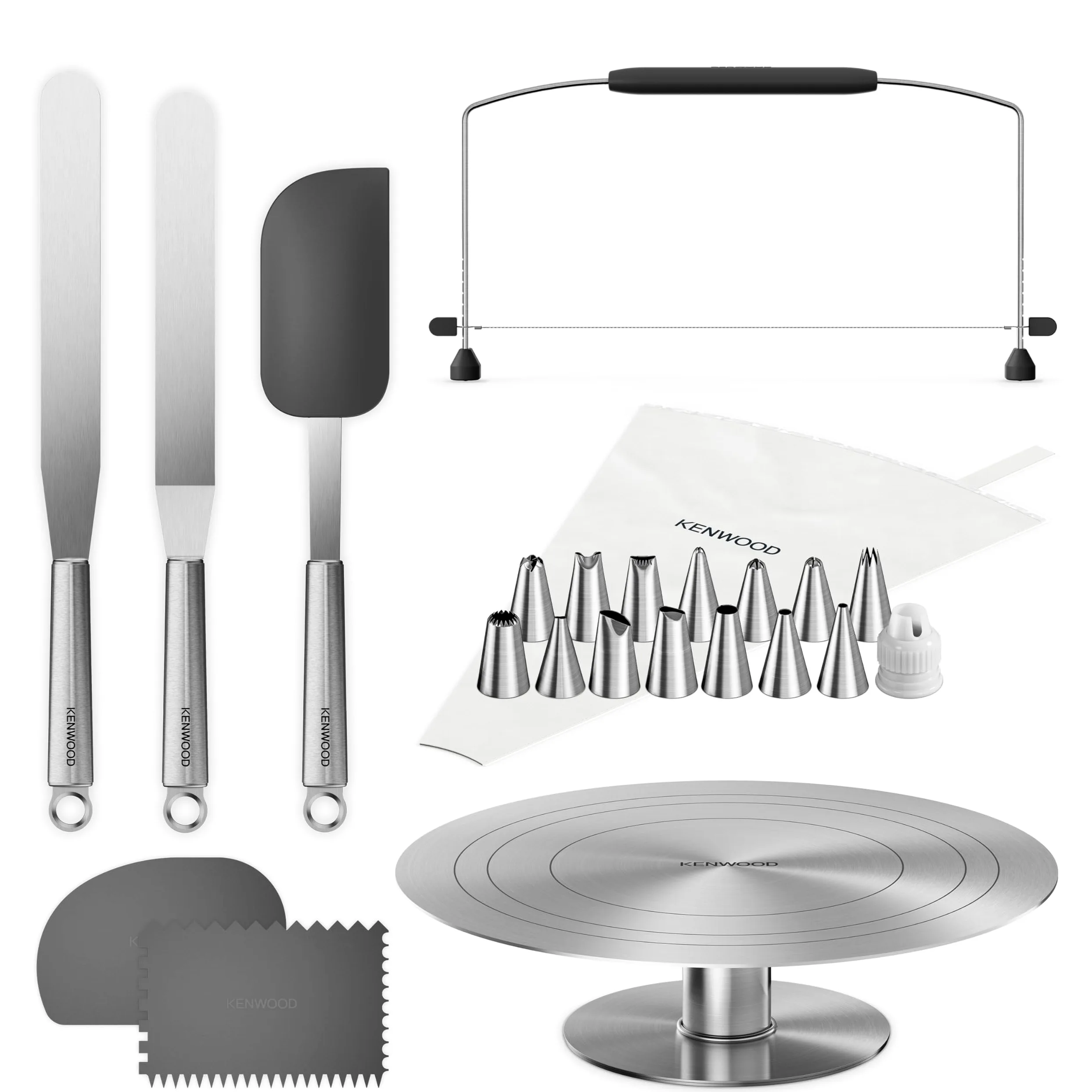 Kenwood KWSD100 Decorating Set di Pasticceria, Vassoio per Torte in Acciaio Inossidabile, Spatole, Sacca a Poche e Manicotto per Decorazione in Acciaio Inossidabile