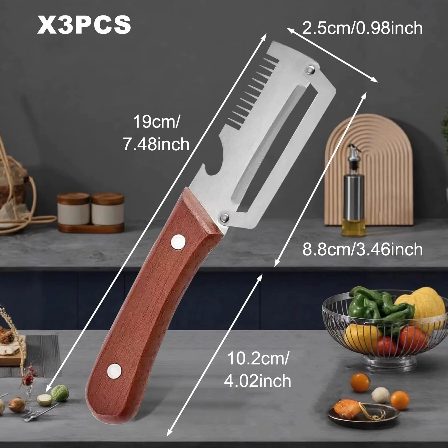 3Pezzi Pelapatate Multifunzionale, 3 in 1 Pelapatate Professionale, Pela Patate in Acciaio Inox Pela Patate e Verdure Manico in Legno Apribottiglie Tagliare il Cipollotto a Julienne per Cucina