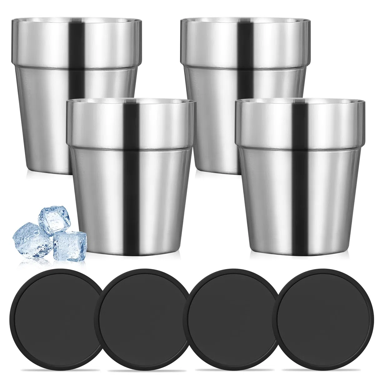 Set di 4 tazze in acciaio inox a doppia parete + silicone Coaster, impilabili, tazze da caffè/tè/bicchieri da birra, per casa, feste o campeggio, 6 once (175 ml)
