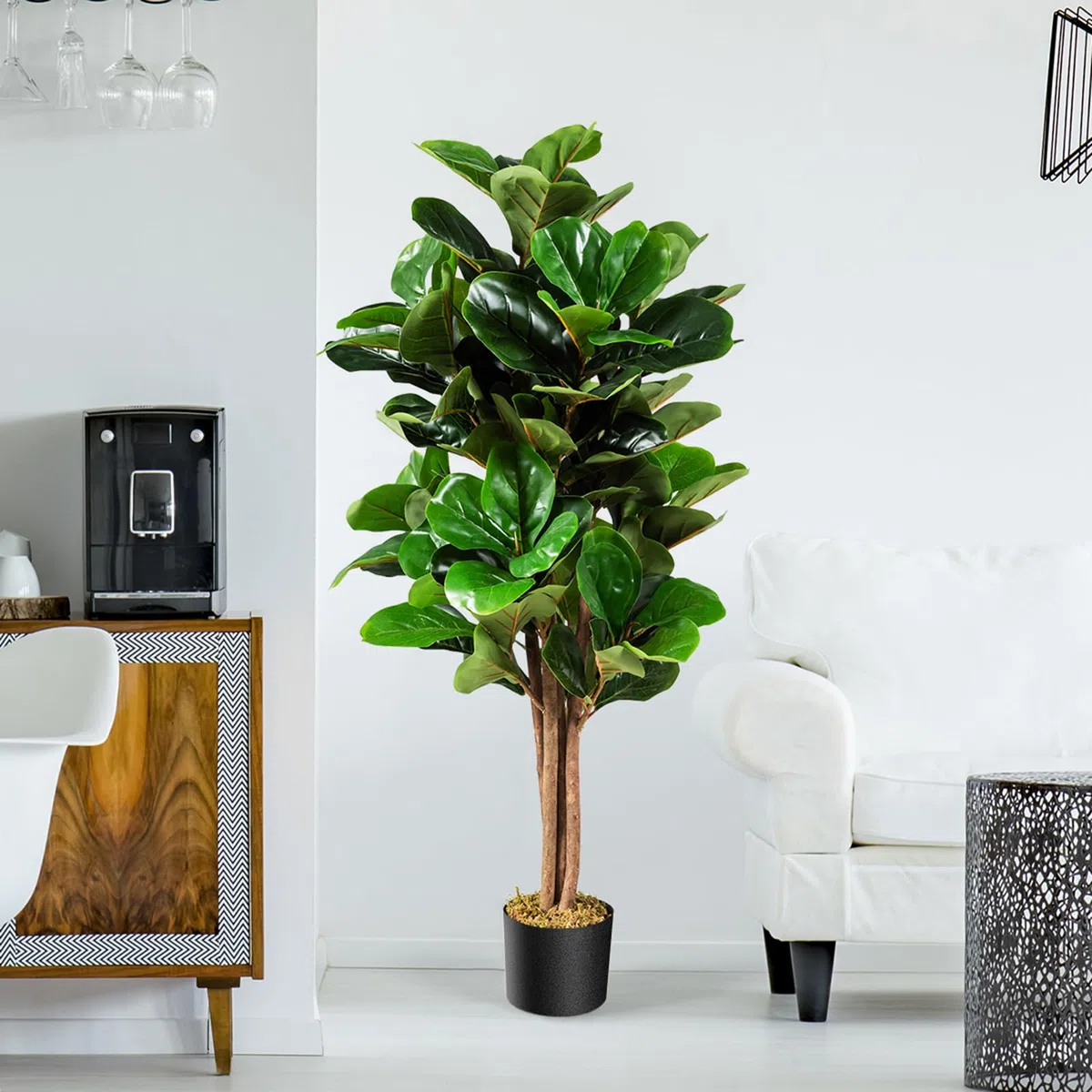 COSTWAY Ficus Lyrata Artificiale da 1,2 Metri, Pianta Finta con Foglie Realistiche in PEVA, Pianta Artificiale da Interno ed Esterno con Vaso in PP, Ideale per Casa e Ufficio