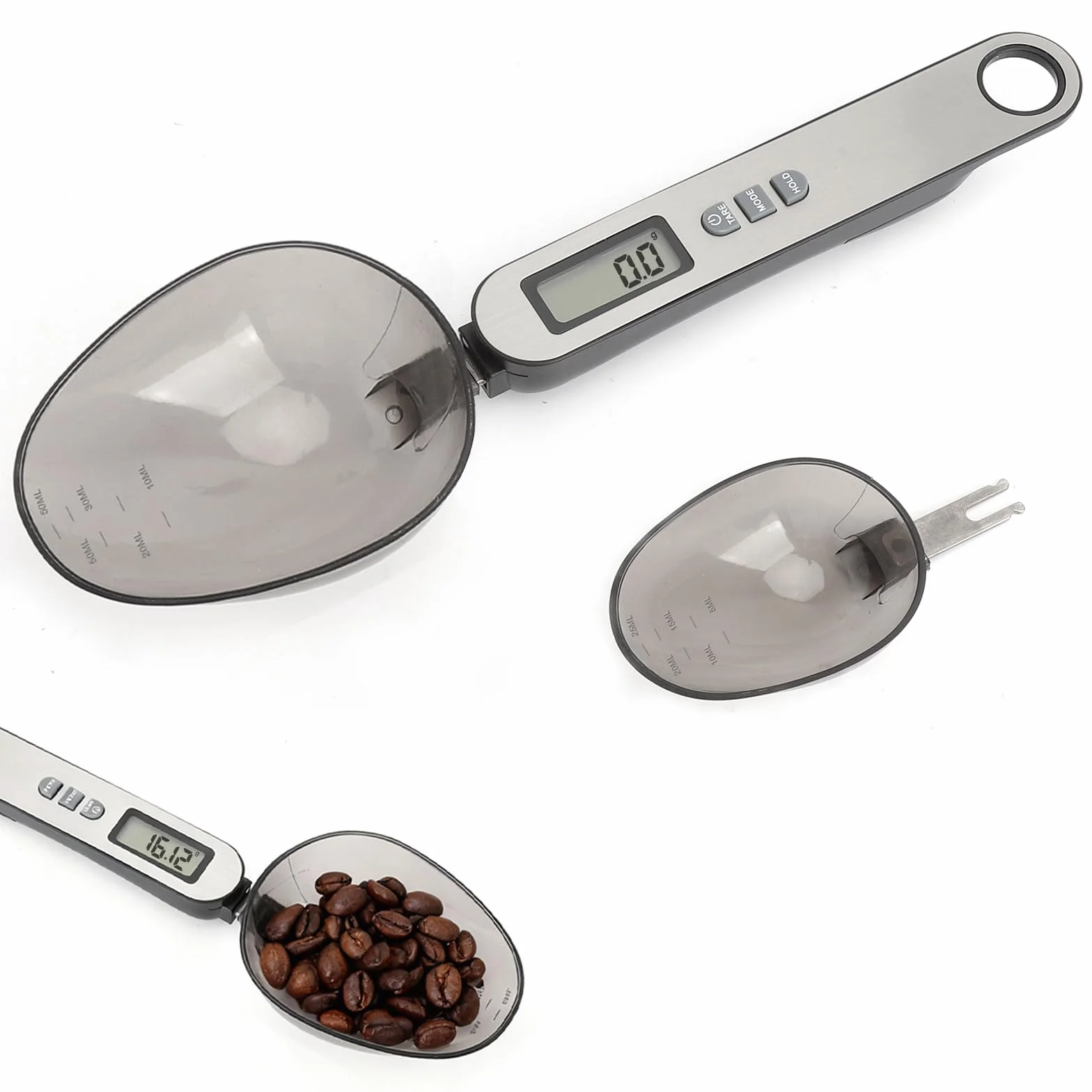 Cucchiaio bilancia digitale precisione 2 testa a cucchiaio diverse misure da 0,1g a 500g frontale in acciaio inossidabile argentato electronic spoon scale multifunzionale con diverse unità di misura