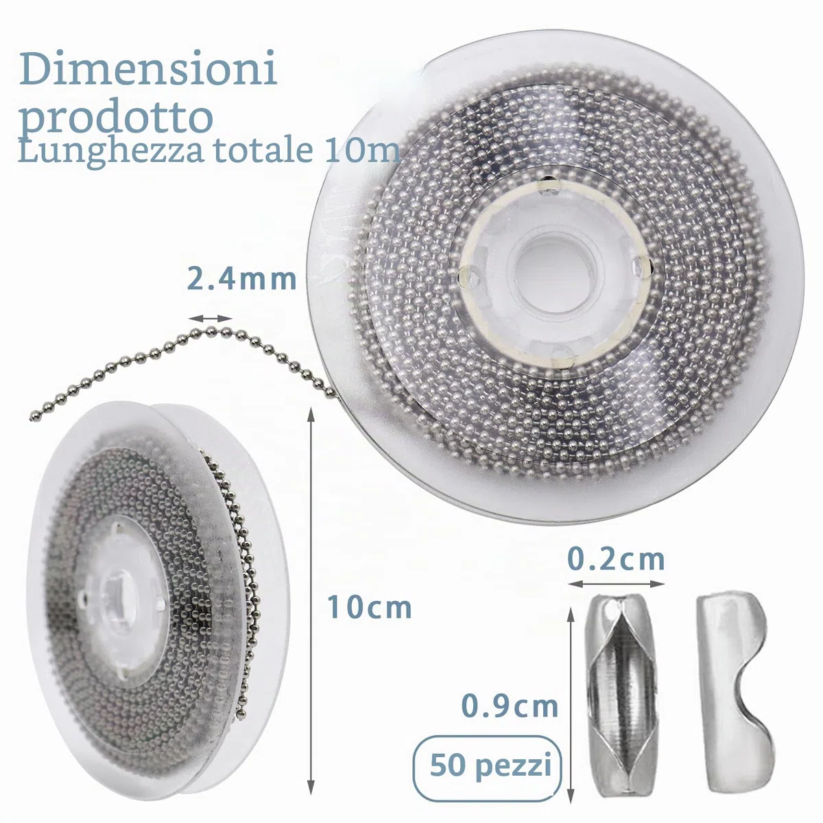 10m Catena a Palline in Acciaio Inossidabile 2,4 mm con 50 Connettori Corrispondenti Catena a Sfera per Creare Portachiavi Collane e Braccialetti Personalizzati e Decorazioni Natalizie