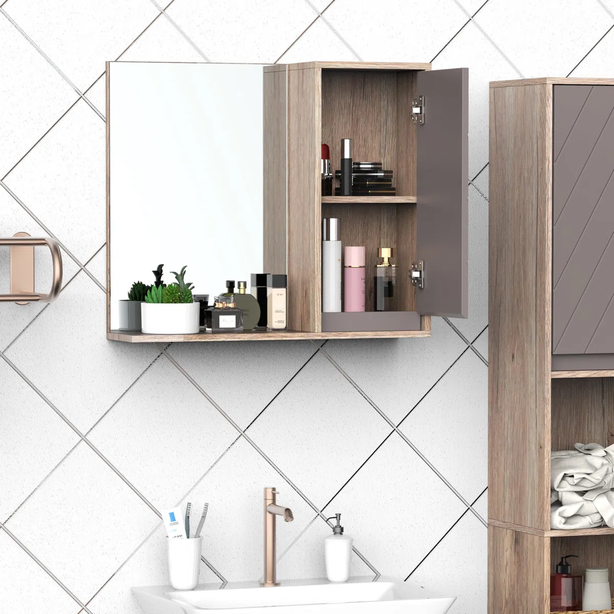 HOMCOM Armadietto Pensile per il Bagno con Mensola, Specchio e 2 Ripiani, Specchio Bagno Contenitore Installazione a Parete, Grigio e Rovere, 57 x 14.2 x 49.2cm