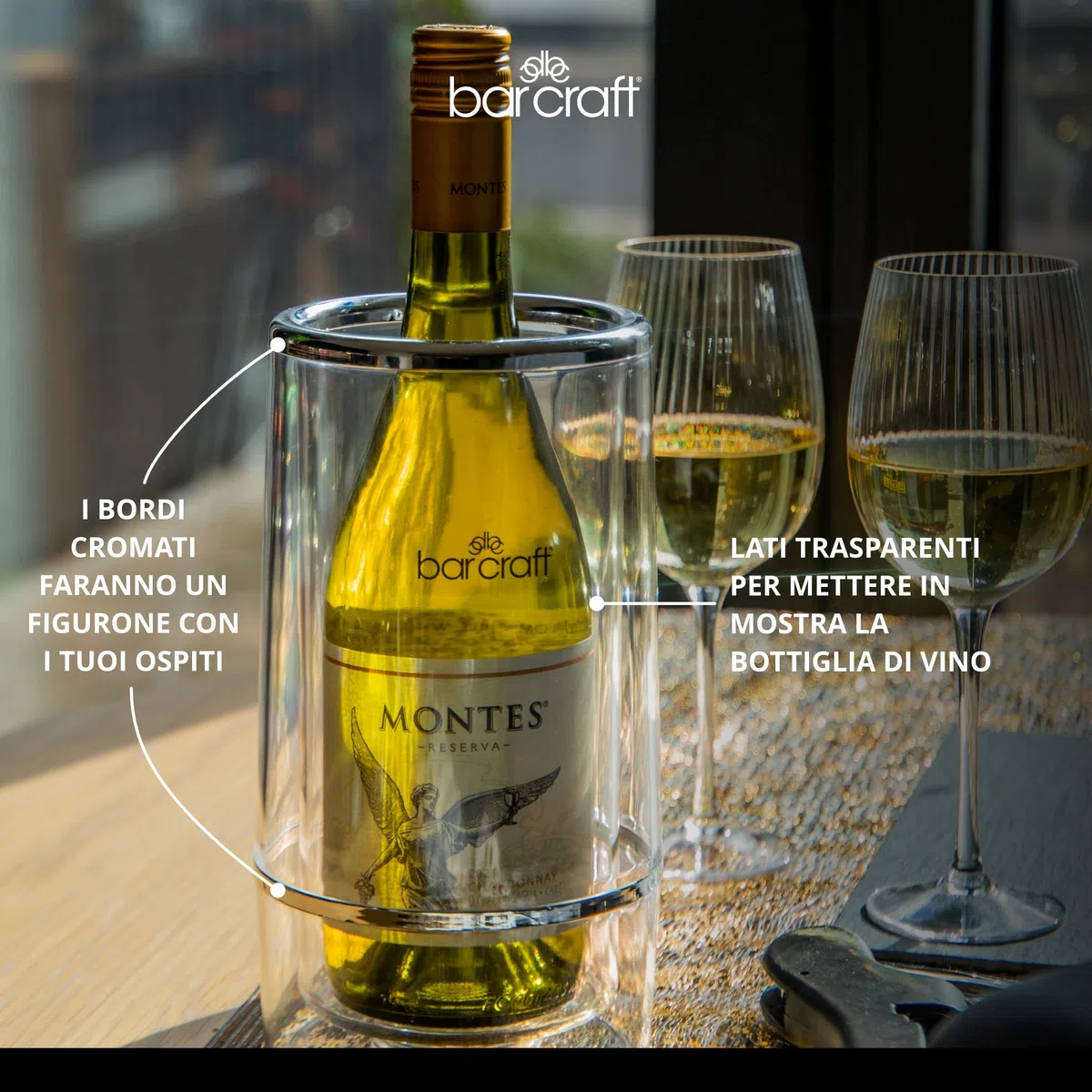BarCraft Refrigeratore Isolato, Bottiglia Singola, Acrilico con Dettagli Cromati, 12 x 12 x 23cm, Trasparente/Acciaio