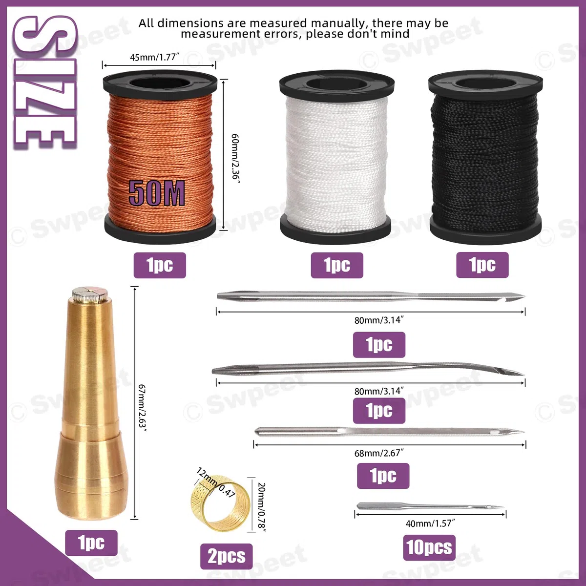 Swpeet Kit di punteruolo e ago per cucire in tela e pelle, 19 pezzi, con filo cerato in nylon assortito, strumenti con manico in rame per pelle, scarpe e riparazione