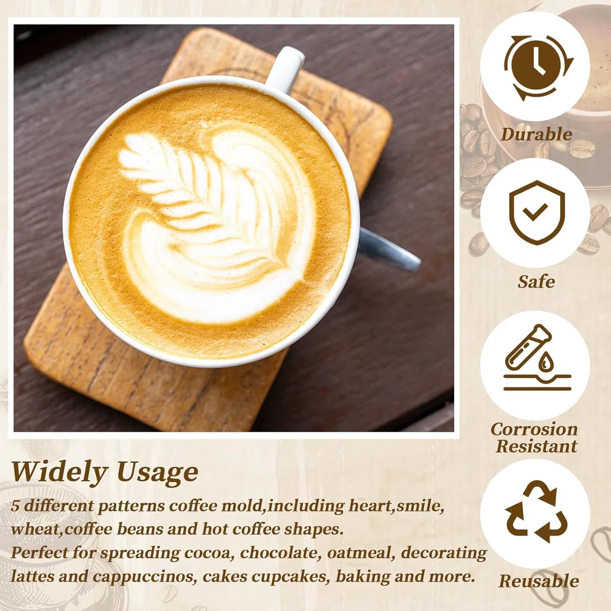 5 stencil per caffè in acciaio inox, cappuccino, barista, stencil per decorazione del cacao, accessori per il caffè fai da te