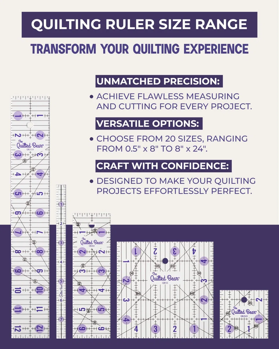 The Quilted Bear - Righello per imbottiture, in acrilico trasparente antiscivolo, per quilting, patchwork e cucito, con linee nere chiare e angoli di 30, 45 e 60 gradi per precisione e accuratezza
