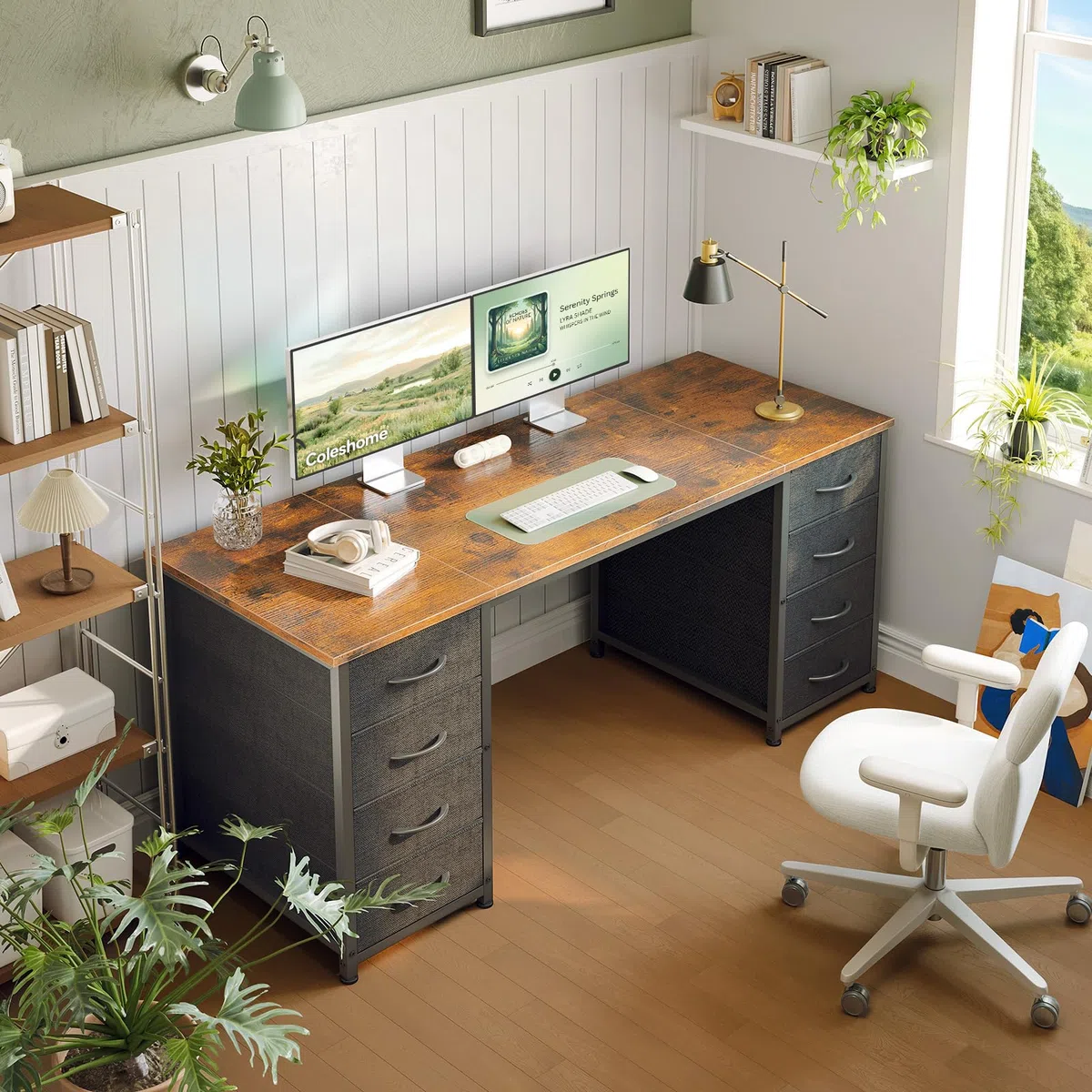 Coleshome Scrivania con 8 Cassetti in Tessuto, 140x48cm Scrivania per Computer, Scrivania Salvaspazio Tavolo Ufficio per Studio, Camera da Letto, Marrone