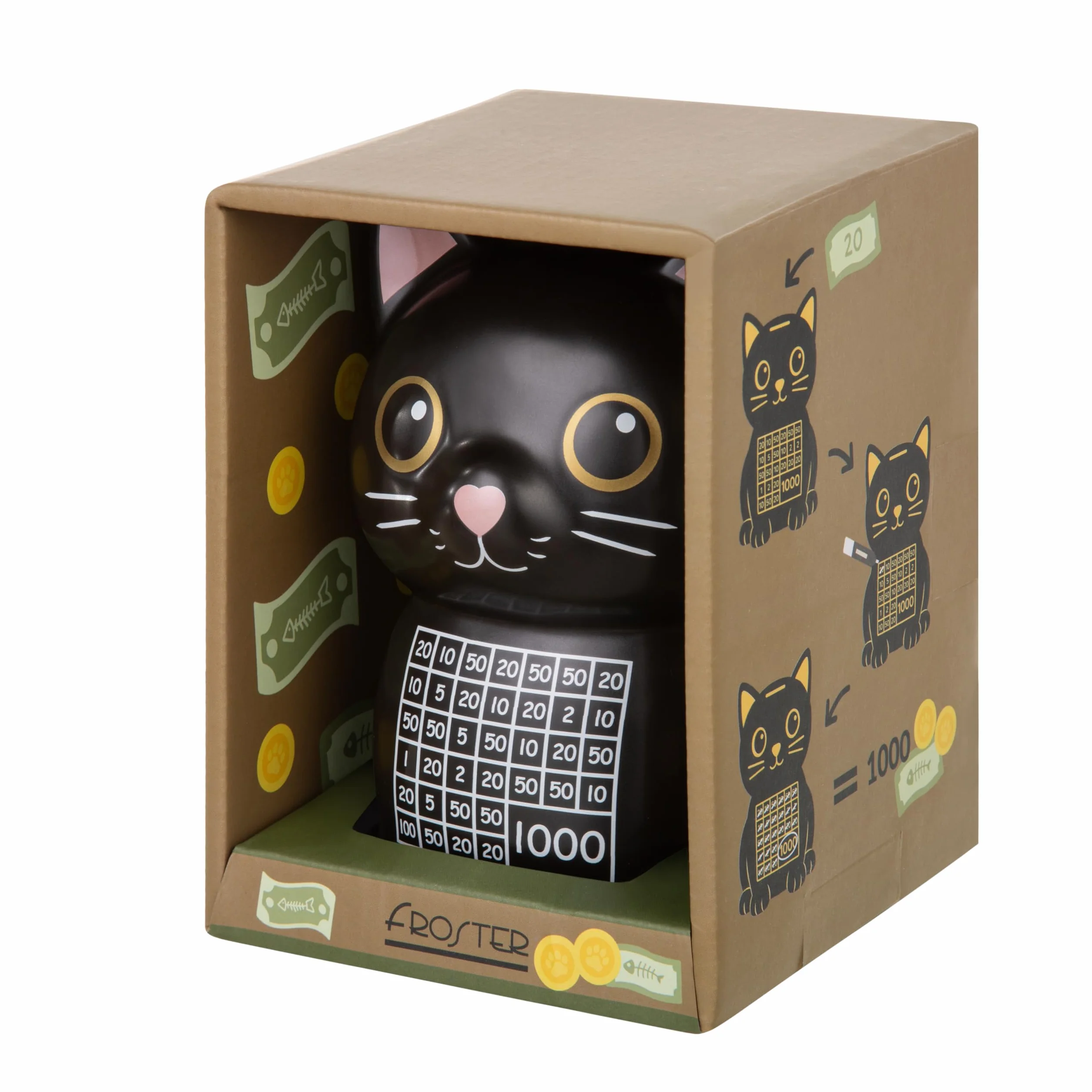 Froster Salvadanaio Conta Soldi - Gatto Nero, Salvadanaio 1000 euro con Contatore, Gatto Gadget in Ceramica, Altezza 15 cm