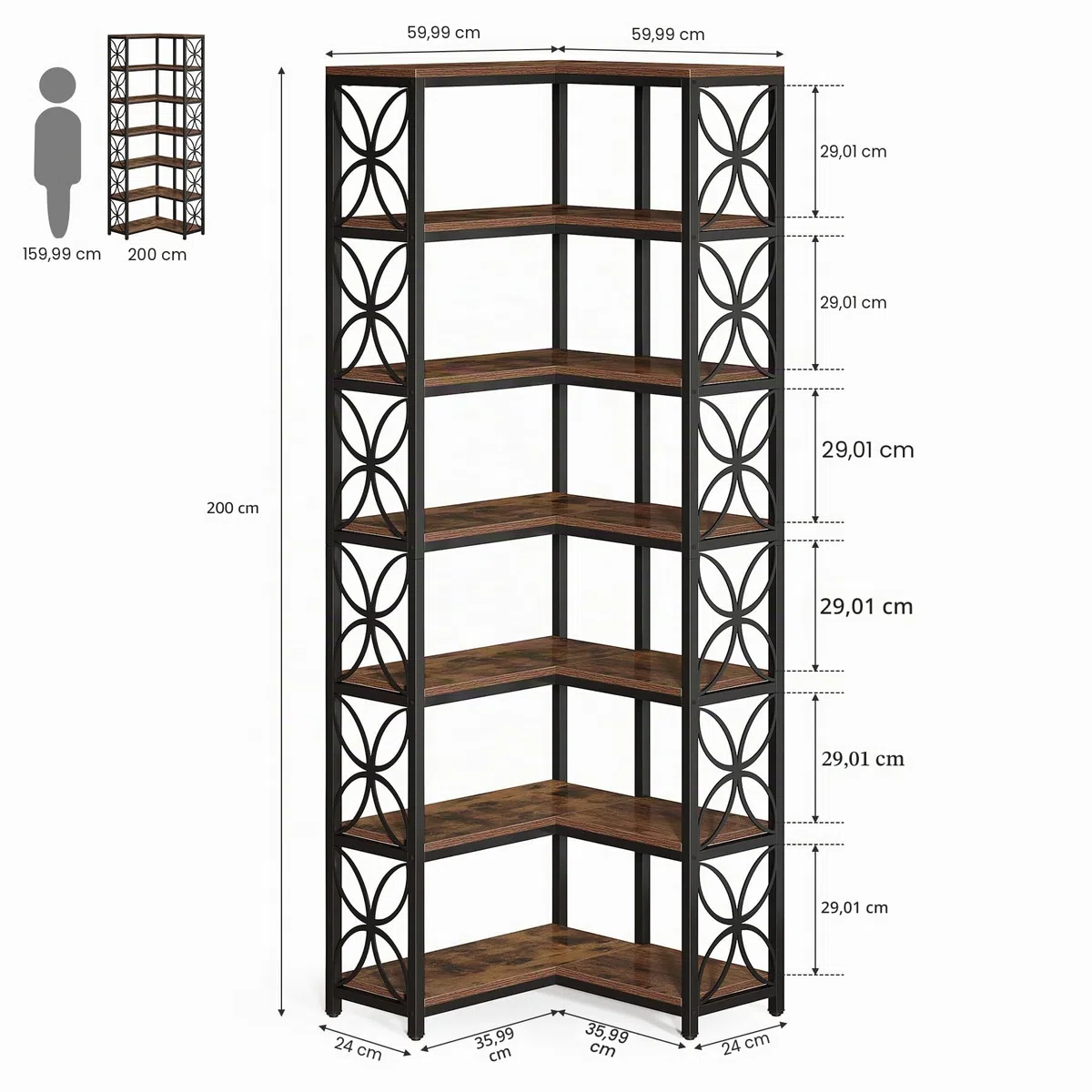 Tribesigns Libreria Angolare da 200 cm, Scaffale Angolare a Forma di L in Legno con 7 Ripiani, Stile Industriale, Angoliera Soggiorno per Soggiorno, Cucina, Ufficio, Marrone Rustico e Nero