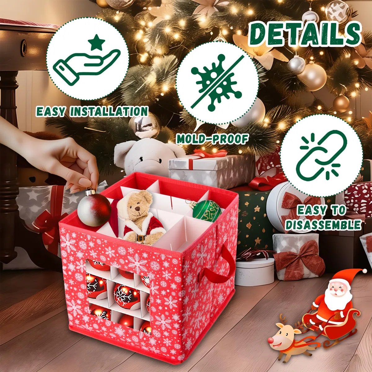 Porta Palline Natale, Cassa per 64 Palline, per Proteggere e Organizzare Le Decorazioni Dell'Albero, 30x30x30cm