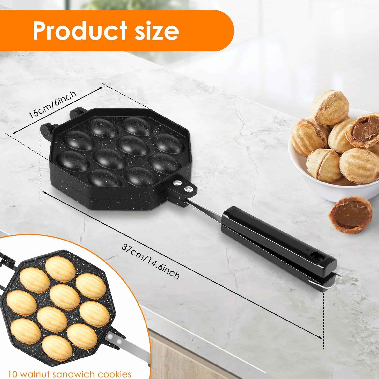 Stampo Per Biscotti A Forma Di Noce (Oreshek) Da 10 Fori In Lega Di Alluminio Con Manico Lungo E Rimovibile, Riscaldamento Uniforme, Nero