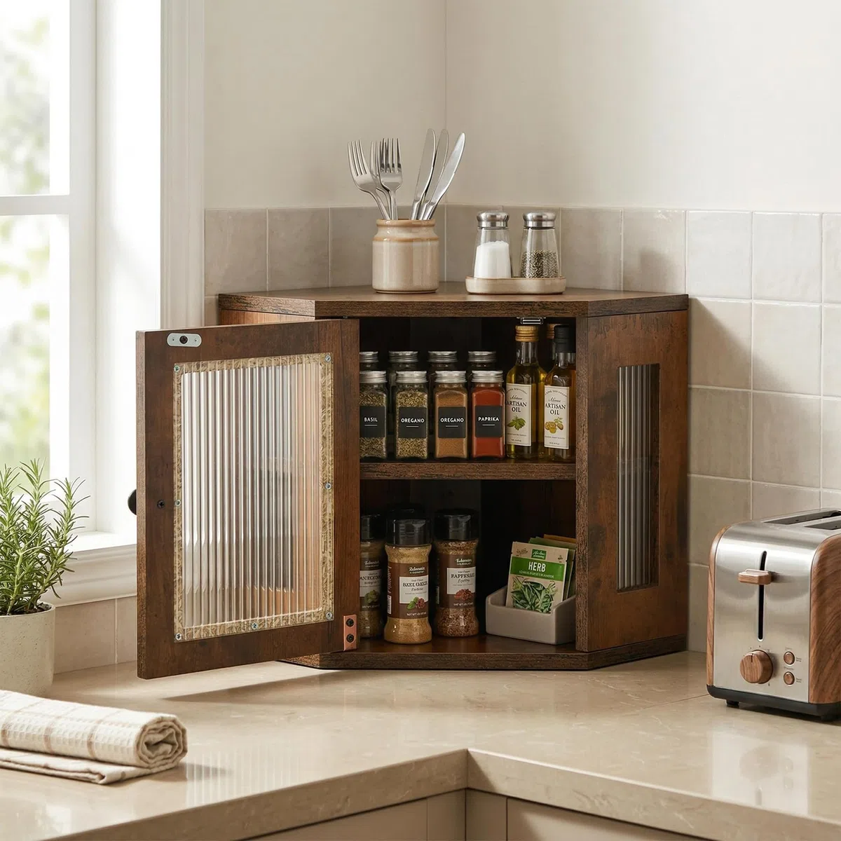 Portapane Angolare 32x32x35cm, Mobile Contenitore Cucina con Mensola Regolabile, Porta Acrilica Trasparente, Finitura Effetto Legno, Risparmio Spazio, Design Rustico Moderno