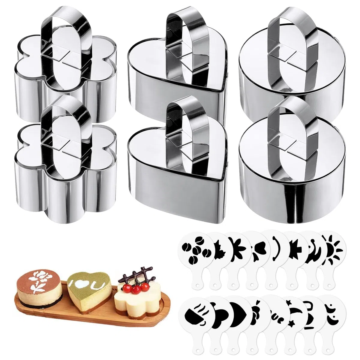 6 Pezzi Coppapasta 8 cm Anelli da Dessert Coppa Pasta Tondi in Acciaio Inossidabile con Coperchio e Stencil Stampi Coppapasta Anelli per Torte Mousse Dessert Dolci Fatti in Casa (3 Forme)