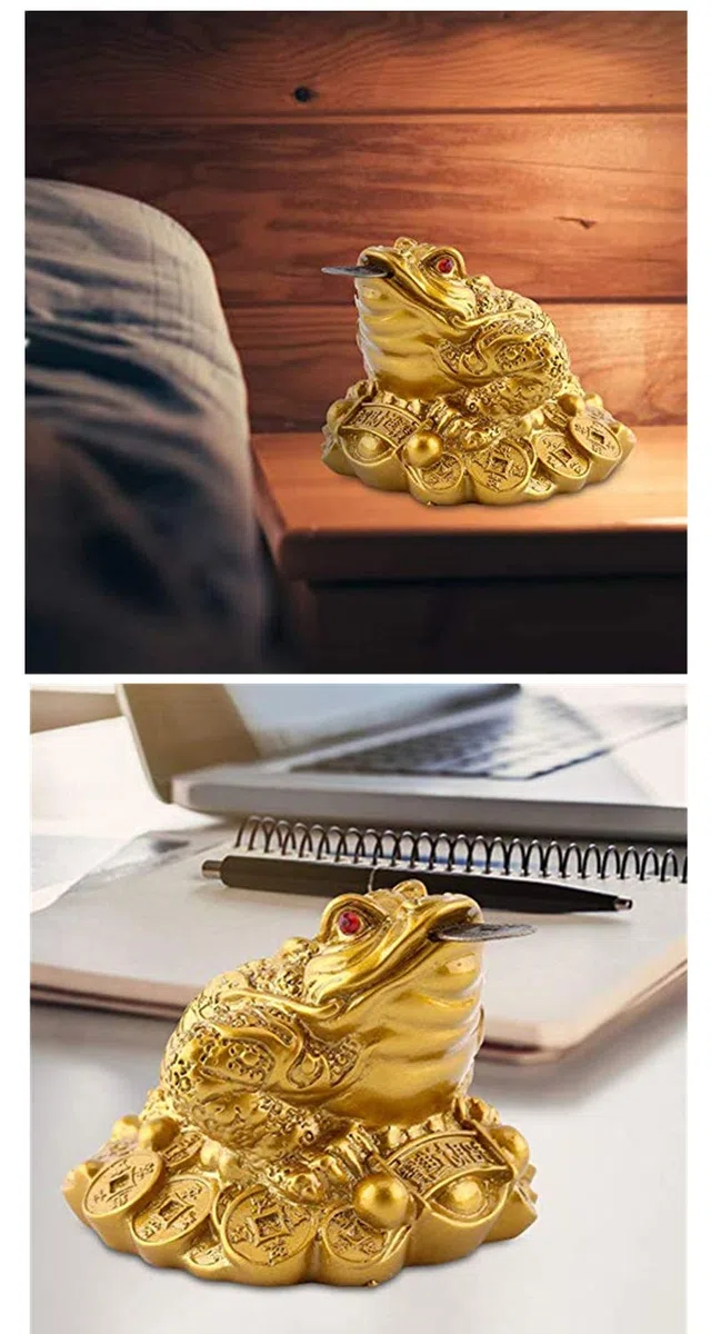 statuetta a forma di rana con moneta portafortuna in bocca, portatrice di fortuna e ricchezze, decorazione feng shui
