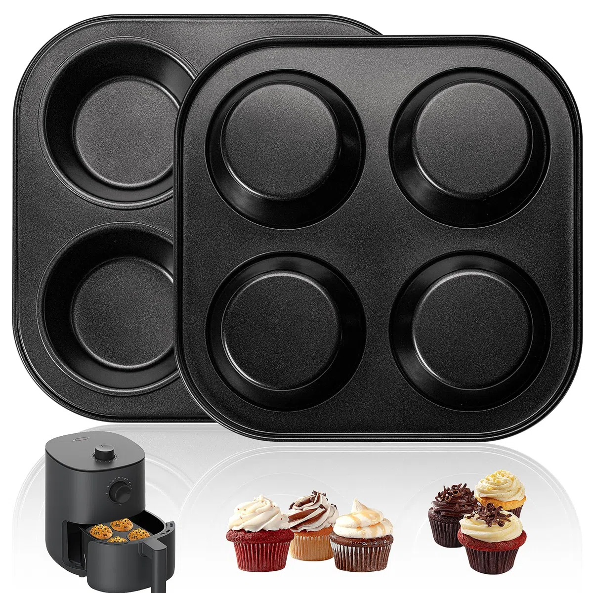 Yomvzake Padella per muffin per friggitrice ad aria, confezione da 2 stampi per cupcake per friggitrice ad aria, tostapane, teglie antiaderenti per forno da bancone e forno piccolo