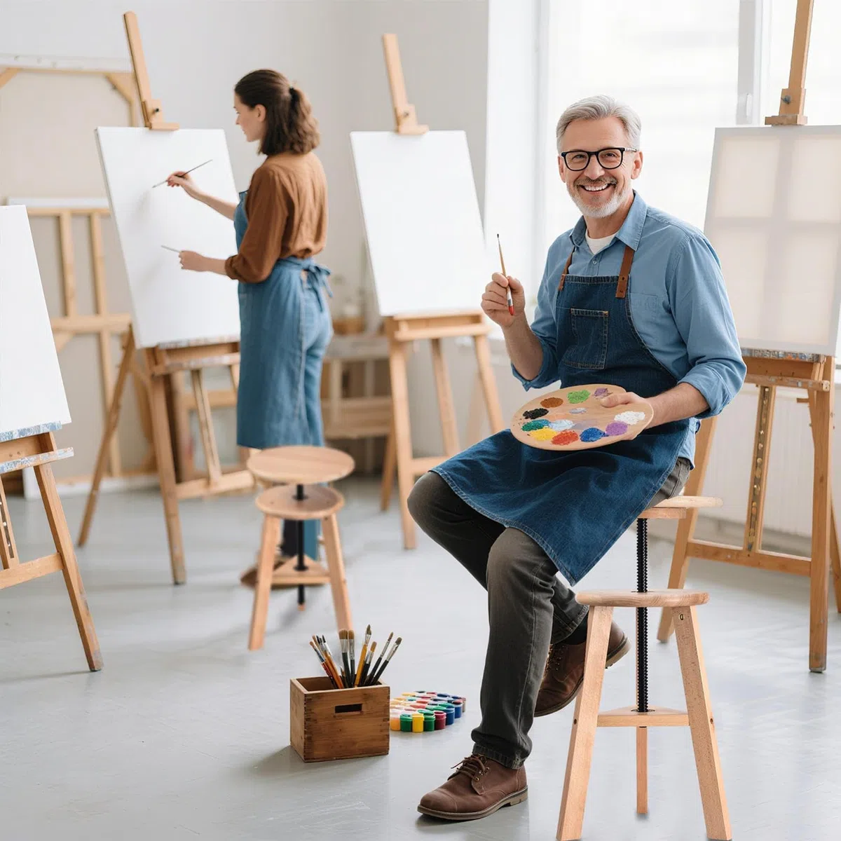 Generisch Sgabello da pittura regolabile in altezza, in legno di faggio, diametro 30 cm, 48-65 cm, sgabello regolabile in altezza, girevole a 360 gradi, sedia in legno, per bar, cucina, uso domestico