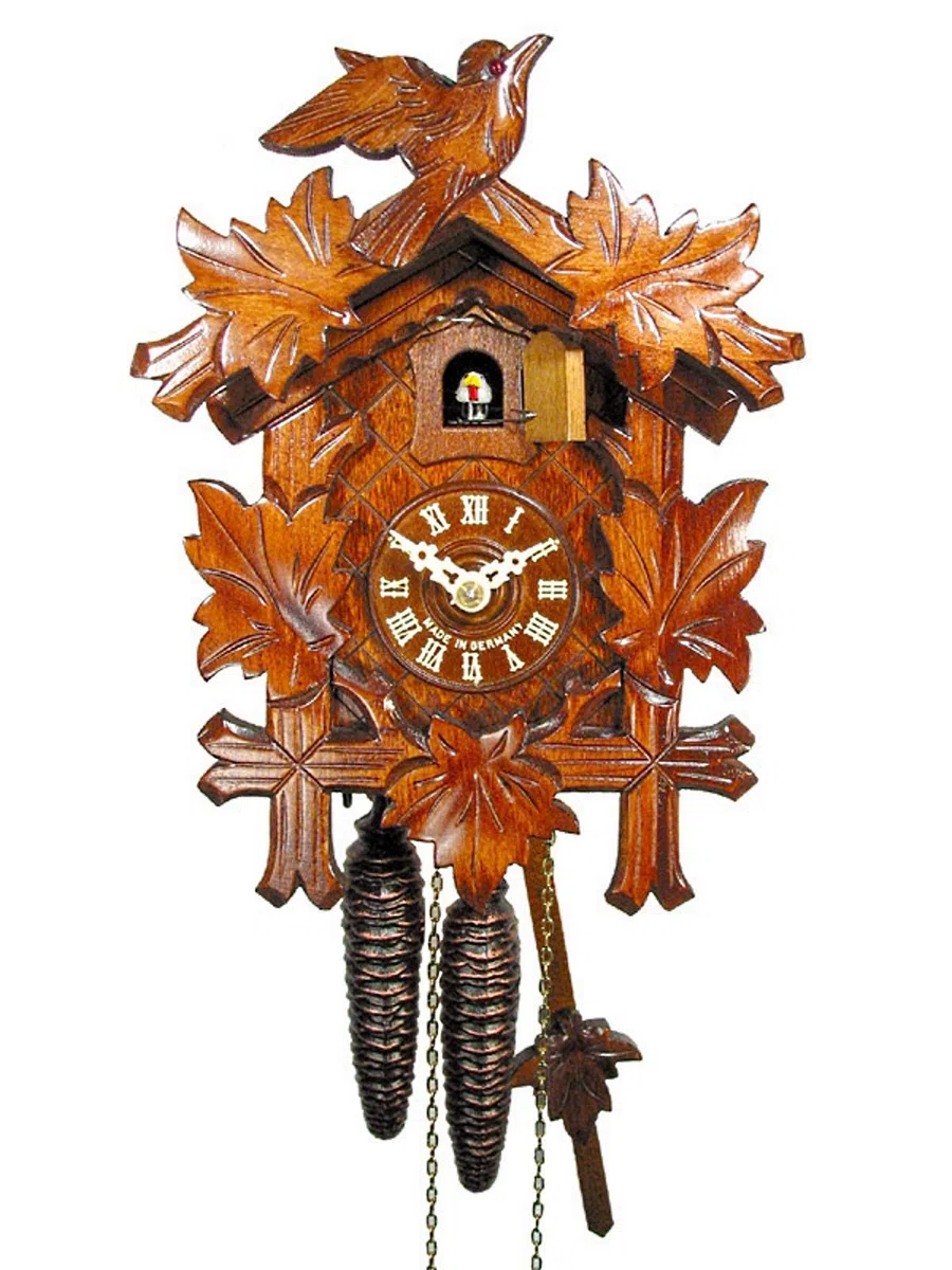 Orologio a cucu foresta nera meccanico (originale, certificato), 1 giorno, 5 foglie, 1 uccello, orologi a cucù in vero legno