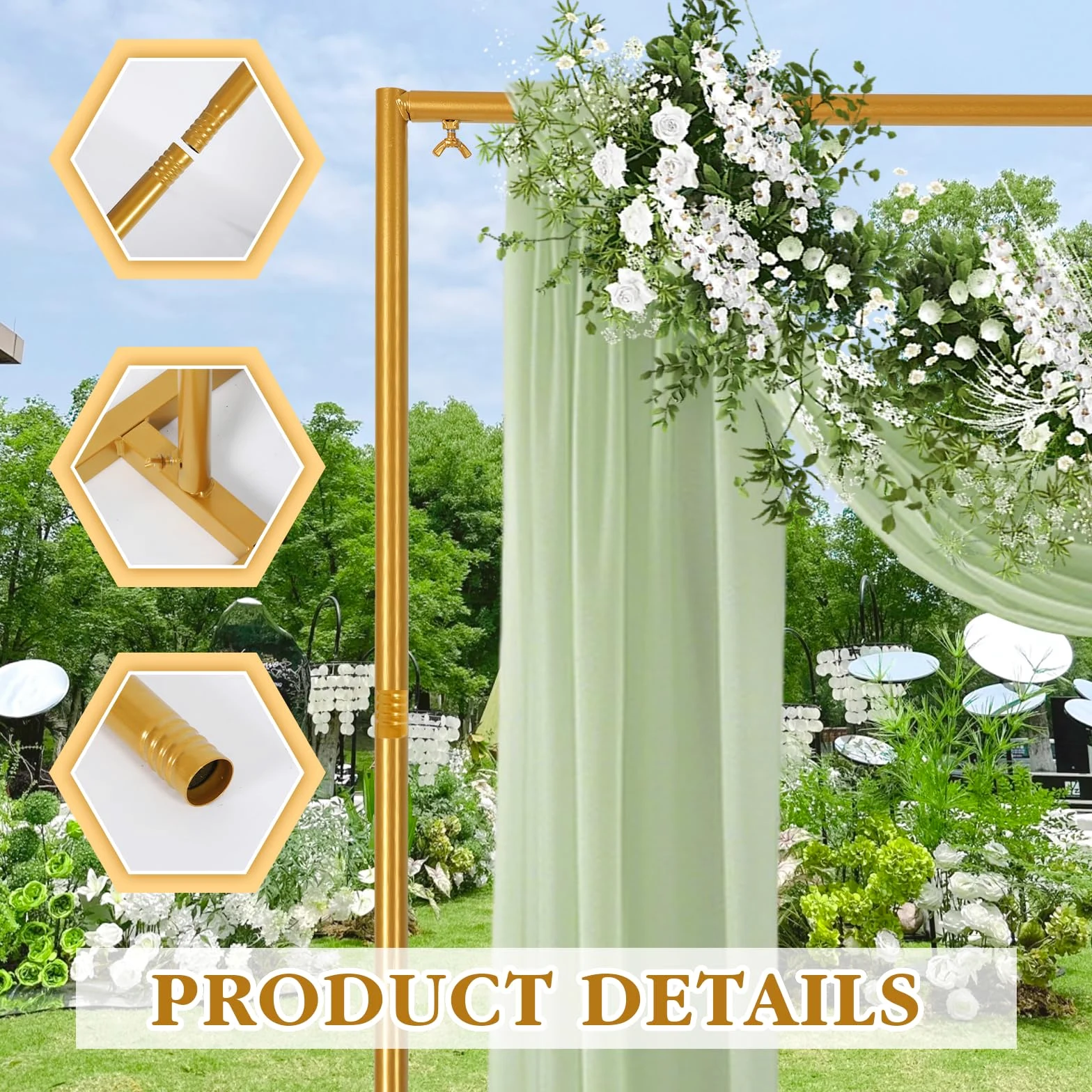 Arco di nozze in metallo, 2,5 x 2,5 m, regolabile, con base, arco di fiori, per anniversario, compleanno, festa, sfondo (6,6 FT x 6,6 FT)