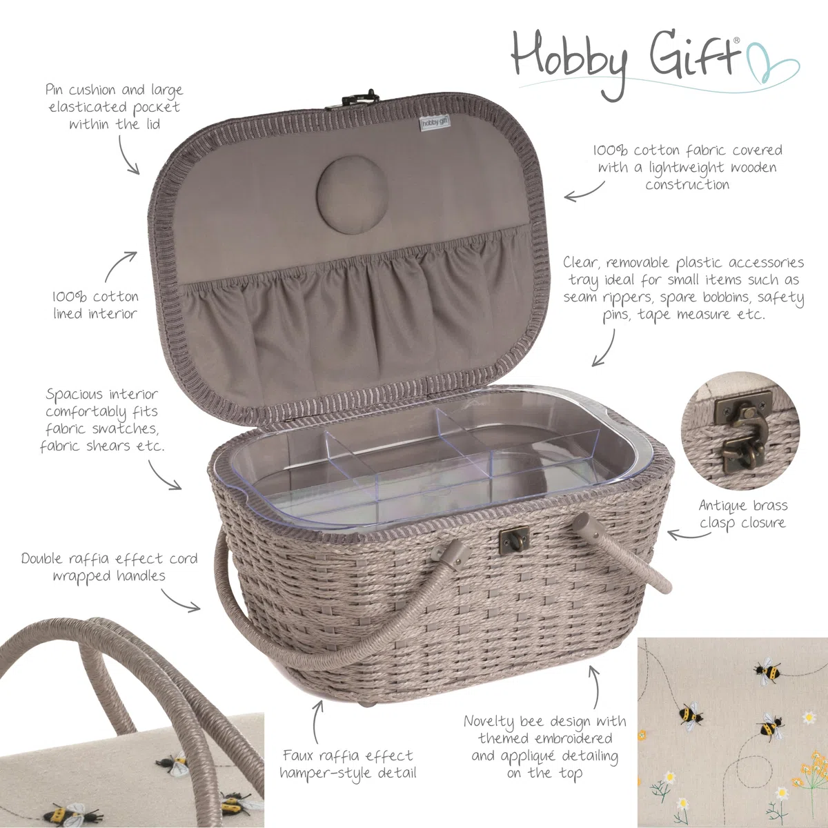 Hobby Gift Scatola da cucito, cestino di vimini, applique, ape di lino (HGLHB)
