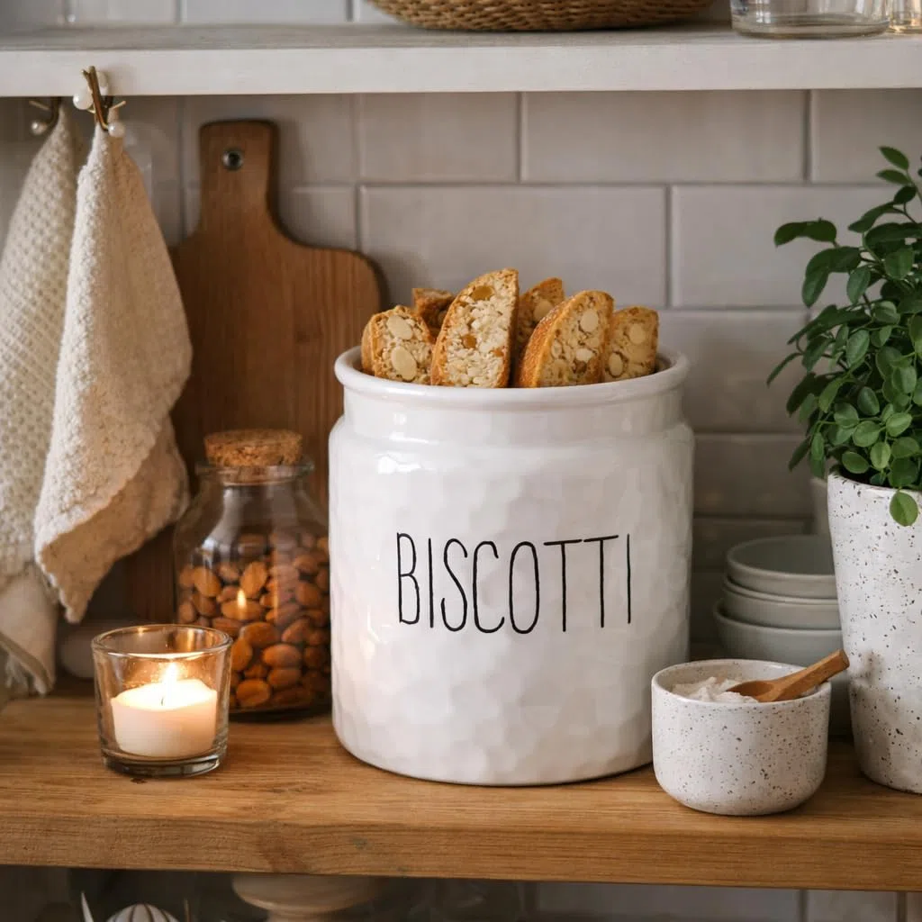 Barattolo Biscottiera 15x18h cm - in Ceramica, Rotondo, Effetto Ondulato, con Scritta Biscotti Nero o Bianco, Tappo in Legno, Chiusura Ermetica, Conservazione, Minimalista (Bianco)