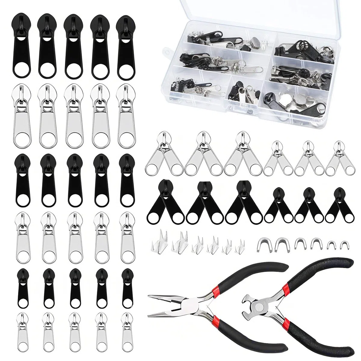 Eulihent 171 Pezzi Kit di Riparazione Cerniere Lampo con Pinze, Cerniere, Cursori, Linguette Metalliche di Ricambio, per Jeans, Giacche, Cappotti, Borse, Tende, Bagagli, Dimensioni 3/5/8mm