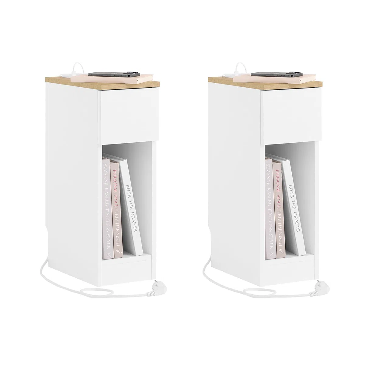 SoBuy Set da 2 comodini camera da letto stretti con ricarica USB & Type-C, tavolino da letto con incavo battiscopa, mobile salvaspazio per piccoli ambienti, bianco 20x35x60 cm FBT111-E-WNx2