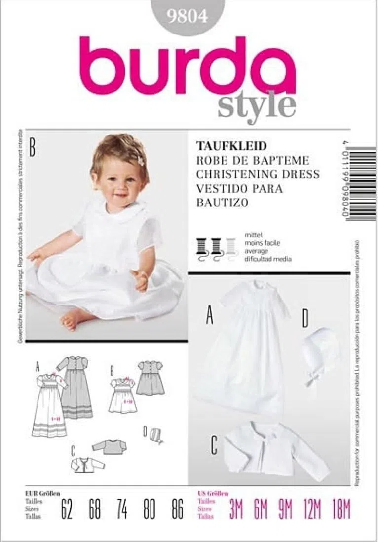 Burda 9804 - Cartamodello per Abito Battesimo, Taglie: 62-86 cm
