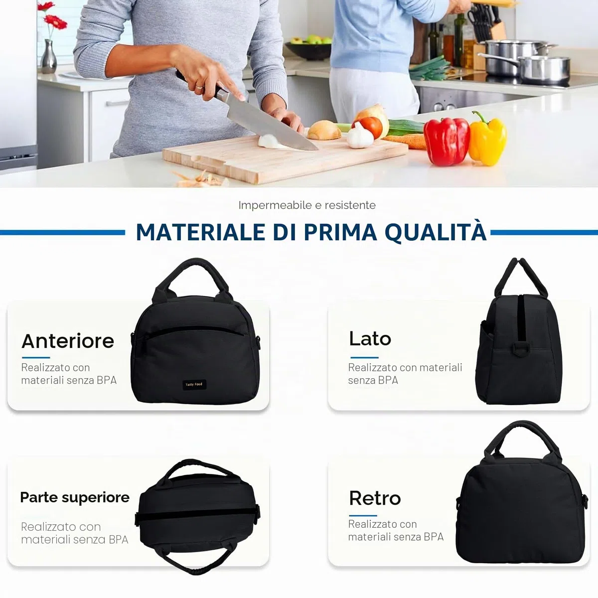 Runmeihe Borsa Termica per Donna, Borsa Porta Pranzo Riutilizzabile con Tracolla, Piccole Lunch Bag Impermeabili per Adulti per Lavoro Viaggio Picnic Scuola (BLACK)