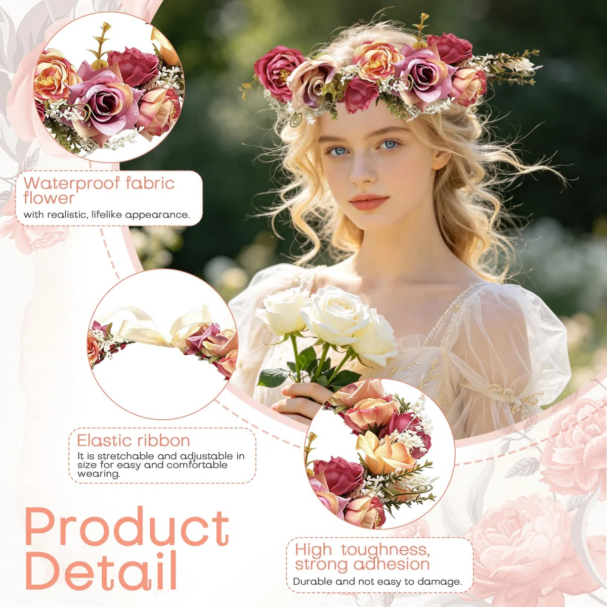TZEKING Ghirlanda di Fiori e Bracciale Set, Corona di Fiori per Capelli con Fascia Regolabile, Coroncina per Sposa e Damigella, Adatto per Adulti e Bambini, per Matrimonio, Festa, Festival, Spiaggia