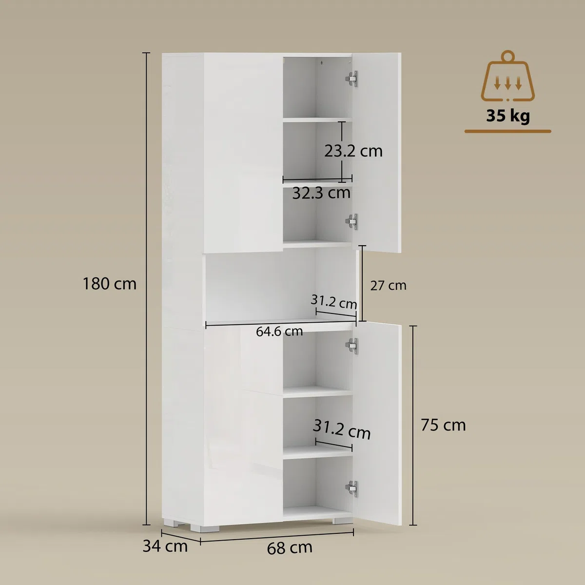 HOMCOM Credenza Cucina Alta 180 cm, Mobile Dispensa con 4 Ante Soft-Close, Ripiani Regolabili, Scomparto Aperto, 2 Armadietti, Mobile Cucina Moderno per Sala da Pranzo Soggiorno, Bianco Lucido