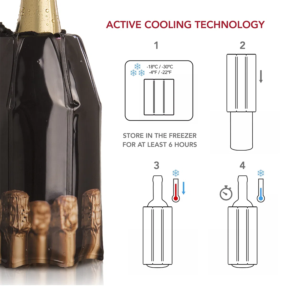 Vacu Vin Active Cooler Champagne Chiller - Reusable, Flexible Wine Bottle Cooler - Champagne Bottle Print - Champagne Cooler Sleeve For Standard Size Bottles - Insulated Champagne Bottle Chiller