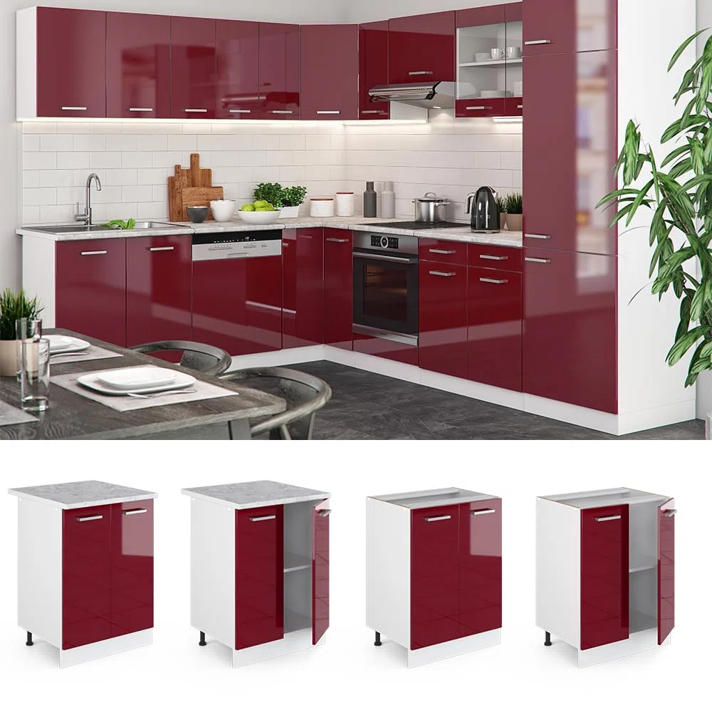 Vicco Mobiletto base cucina R-Line, Rosso lucido, 60 cm senza piano di lavoro, per la libera combinazione all'interno di sistemi cucina modulari
