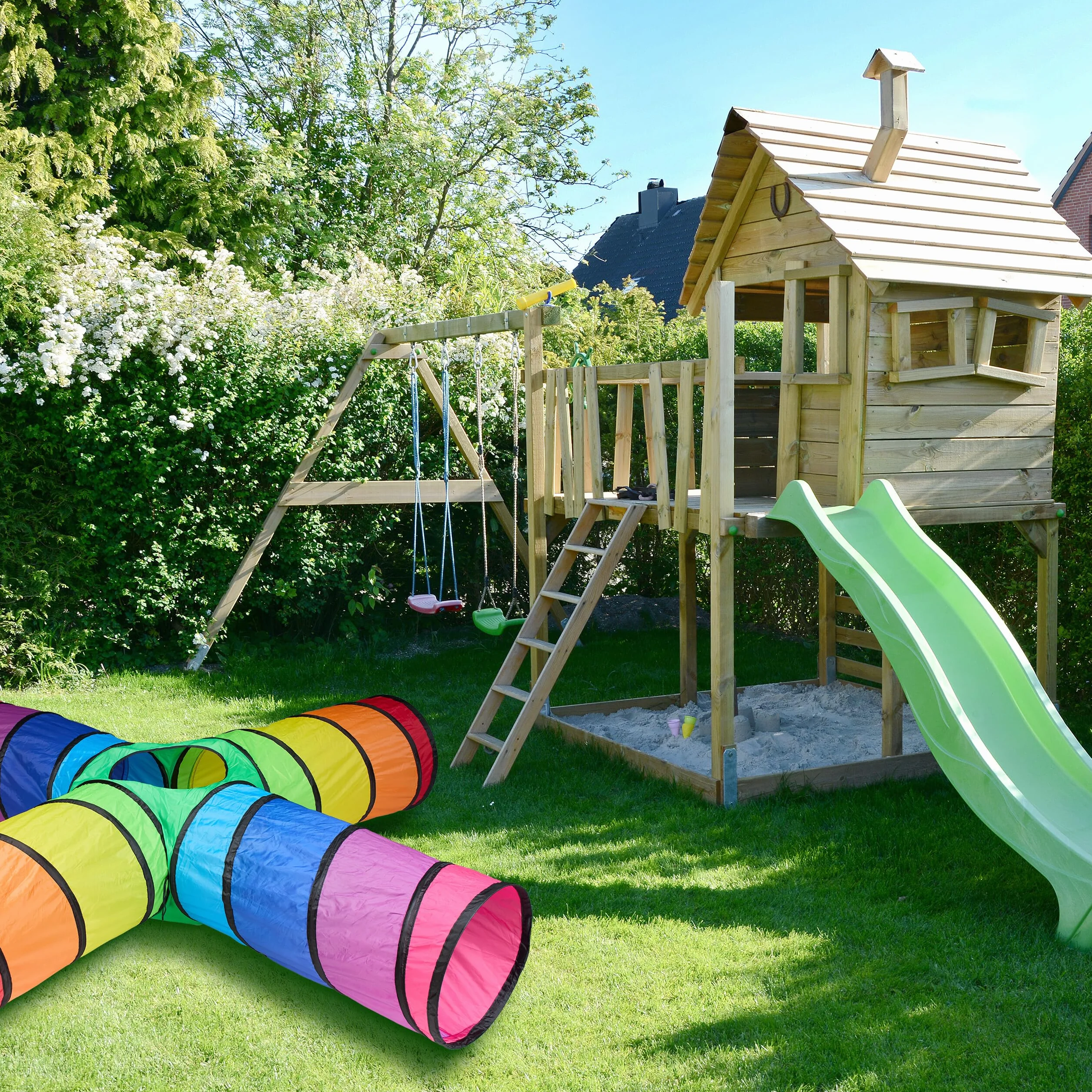 Relaxdays Tunnel Gioco per Bambini, Tenda Giochi da Esterno e Interno, 46x232x232 cm, Tubo Pop-Up, 4 Aperture, Colorato