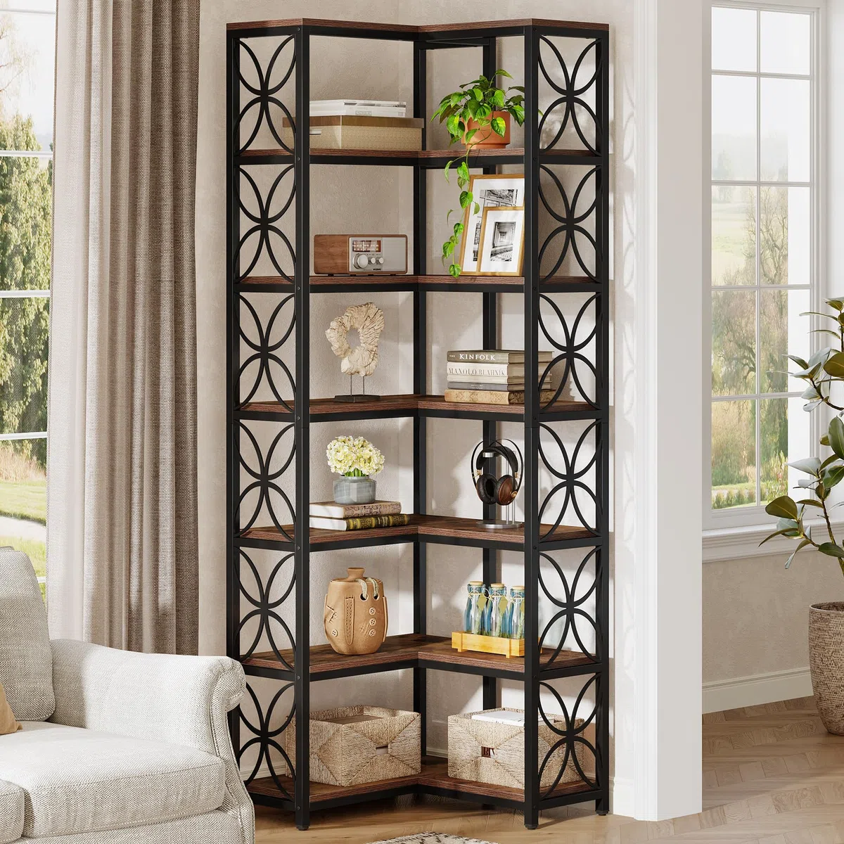 Tribesigns Libreria Angolare da 200 cm, Scaffale Angolare a Forma di L in Legno con 7 Ripiani, Stile Industriale, Angoliera Soggiorno per Soggiorno, Cucina, Ufficio, Marrone Rustico e Nero