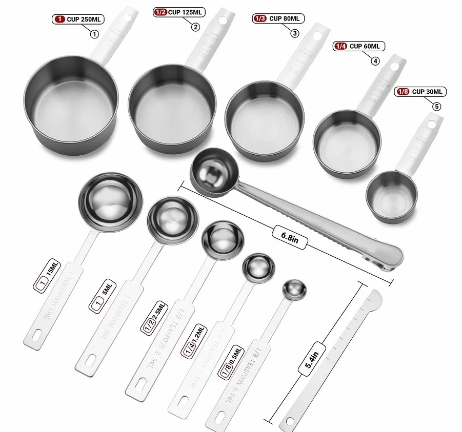 Set di Cucchiai Dosatori in Acciaio Inox 12 Pezzi con Mollette, Misurino per Ingredienti Secchi e Liquidi - Tazze di Misura in Grammi