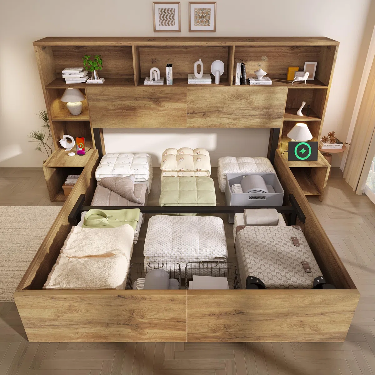 Kebnor Letto di sistema, effetto rovere con idraulico, letto matrimoniale in legno con comodini integrati, struttura del letto con rete a doghe e testiera, LED & USB-C, senza materasso (160 x 200 cm)