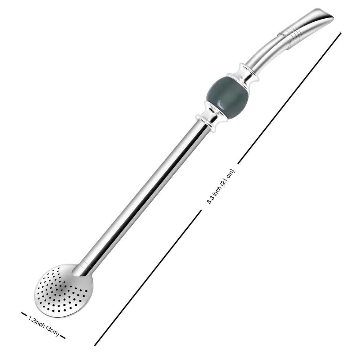 Cannuccia riutilizzabile Bombilla Yerba Mate – Filtro a cucchiaio rimovibile in acciaio inox con una bella perlina – Cannuccia in metallo per bere tè sfuso – Include spazzola per la pulizia (grigio