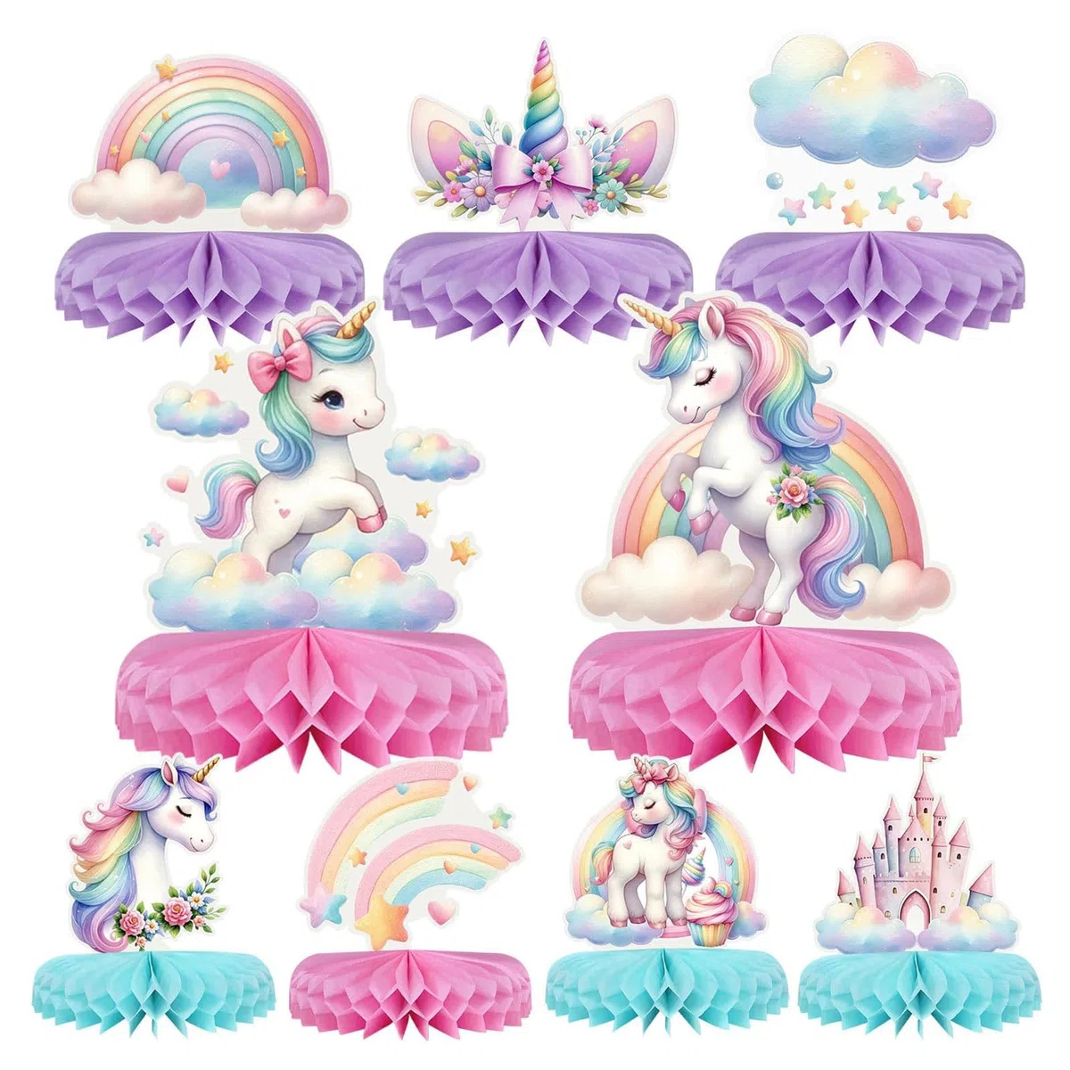 9 Pezzi Decorazioni Di Compleanno Con Unicorno, Tovaglie, Addobbi Tavola A Tema Unicorno, Arcobaleno Pastello, Favo Di Miele, Centrotavola Per Festa