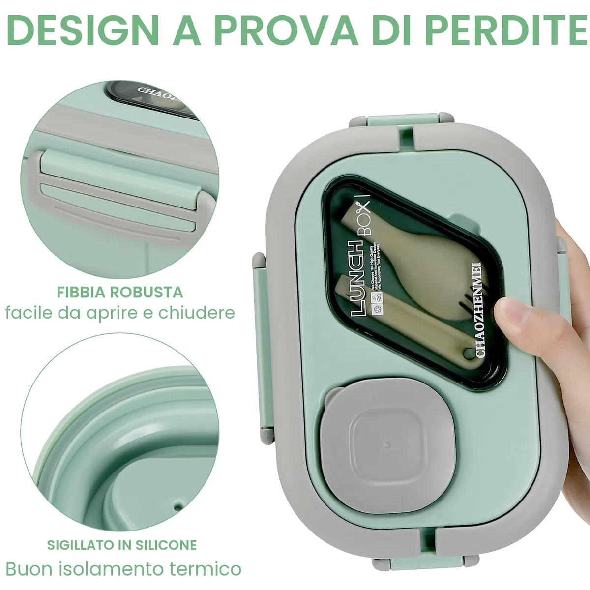 Kasanni Lunch Box con scomparti, lunch box, contenitore per pranzo e insalata, bento box con cucchiaio, snack box, pranzo, per adulti e bambini, senza BPA (Verde)